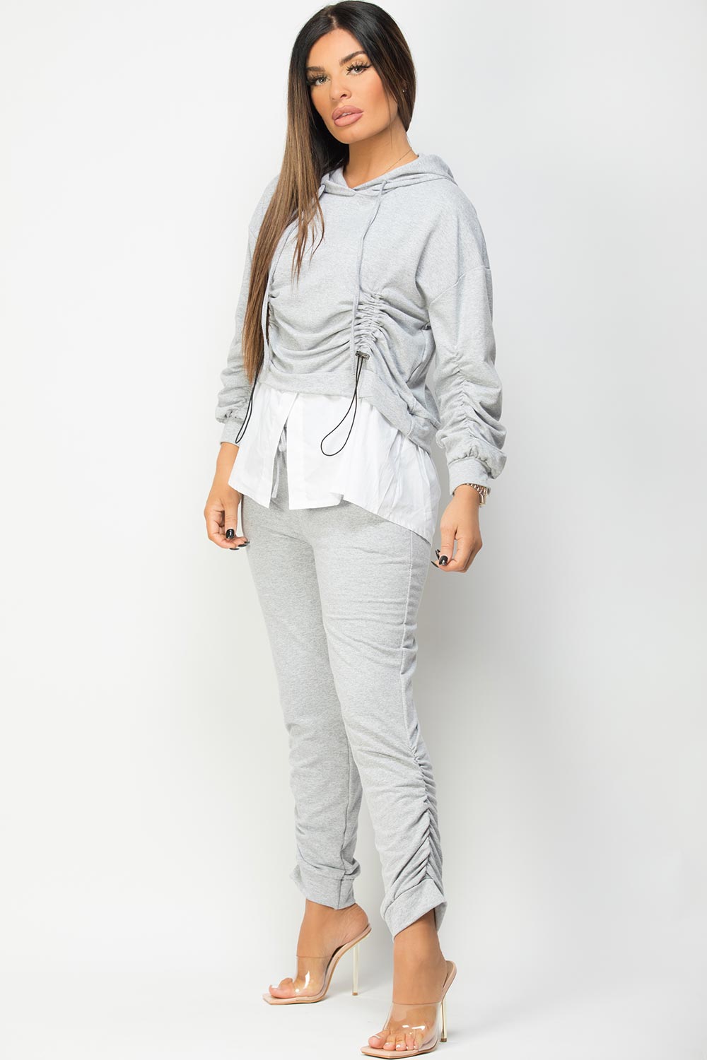 grey ruched front hooded top and trousers set