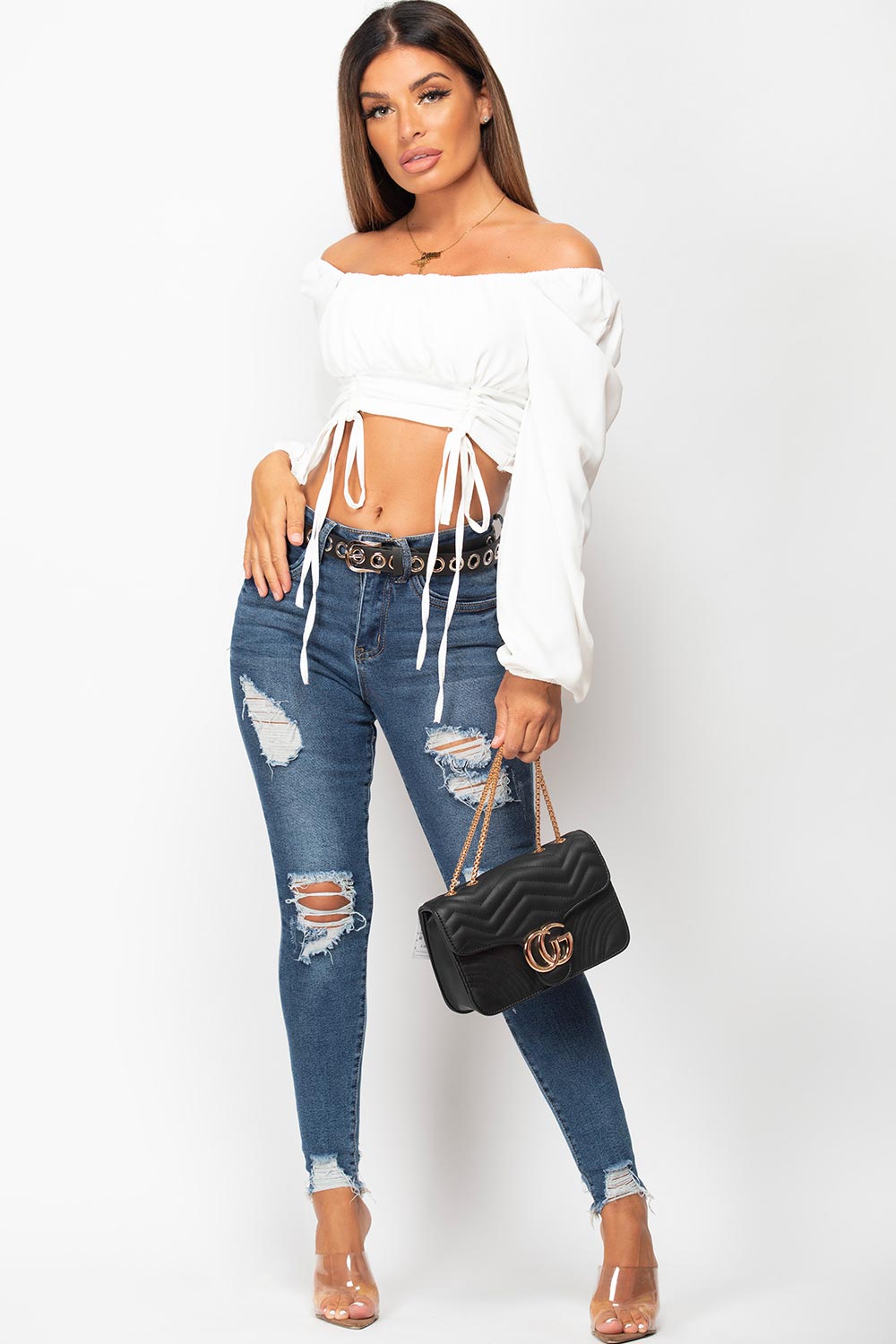 long sleeve ruched tie front top