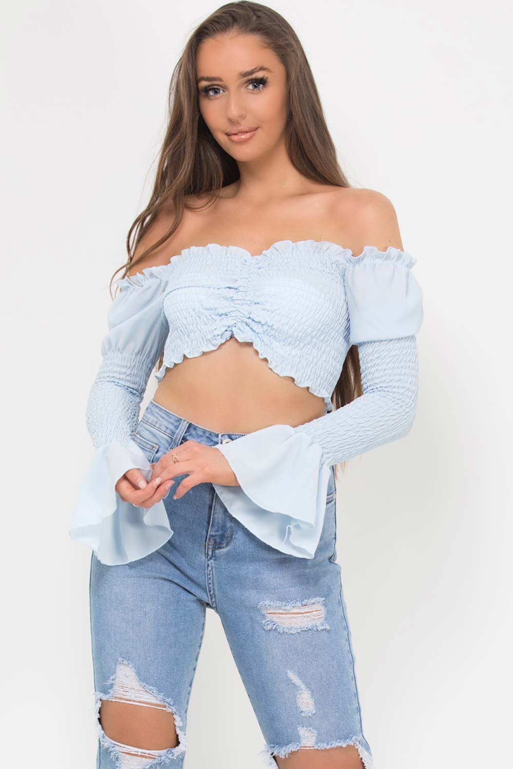 shirred ruched front puff shoulder crop top blue