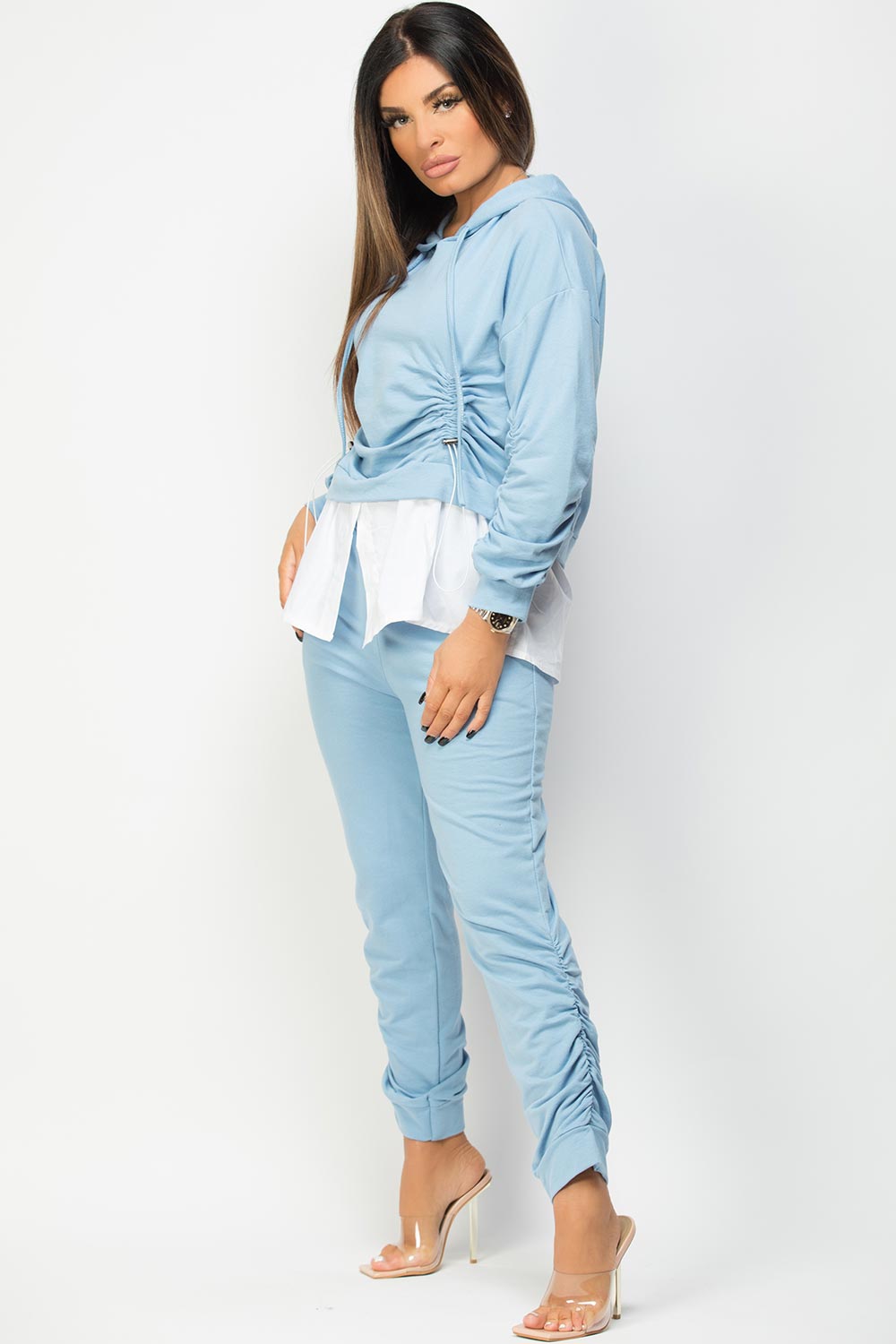 ruched hooded loungerwear set baby blue