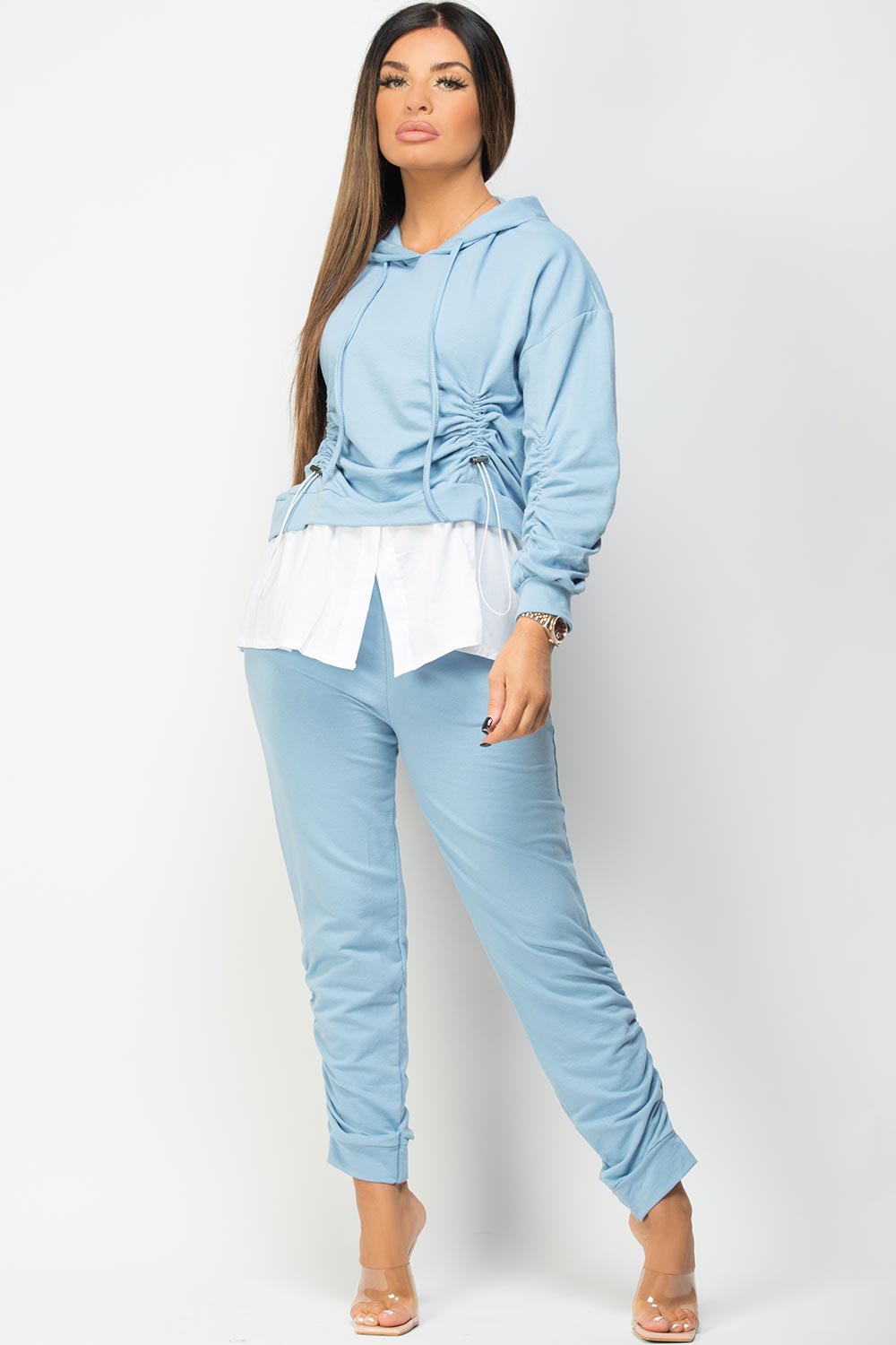 hooded loungewear set with ruched front