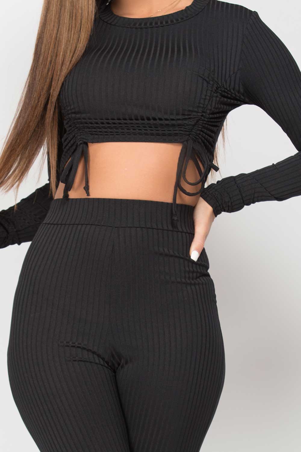black ruched sides ribbed loungewear set