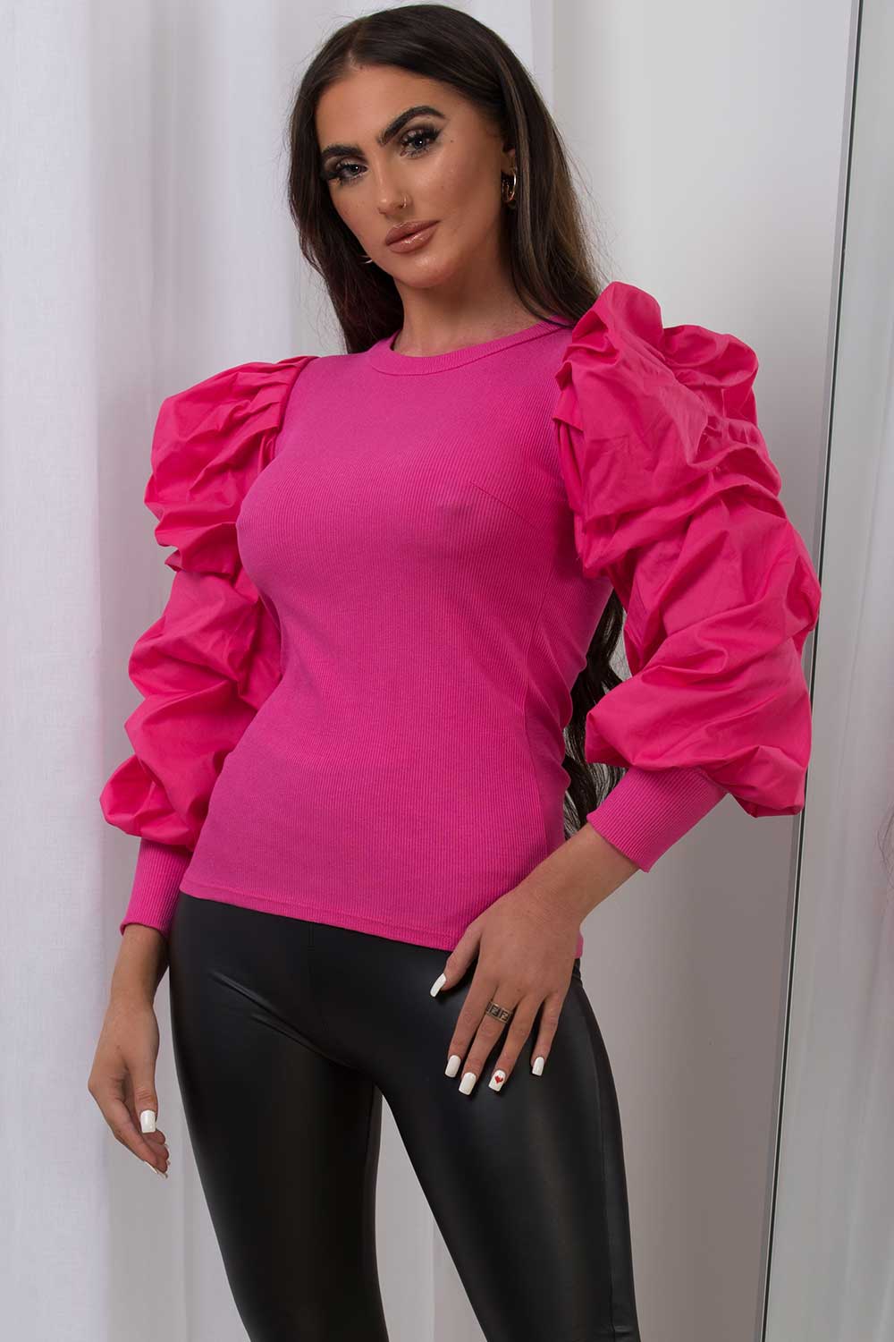 womens pink long ruched puff sleeve ribbed top uk
