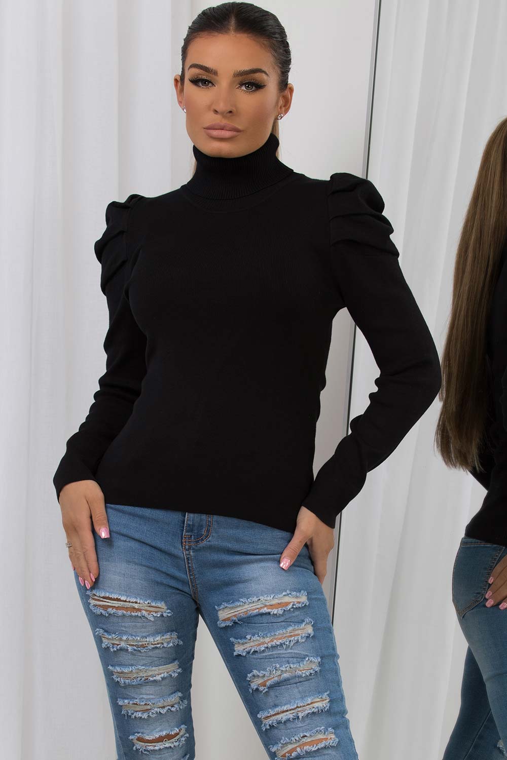 roll neck knitted jumper with ruched puff sleevs