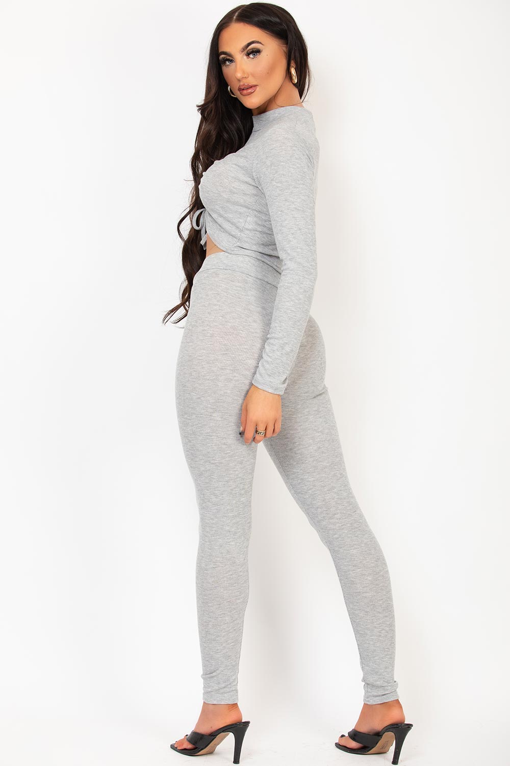 cut out front ruched ribbed lounge set grey