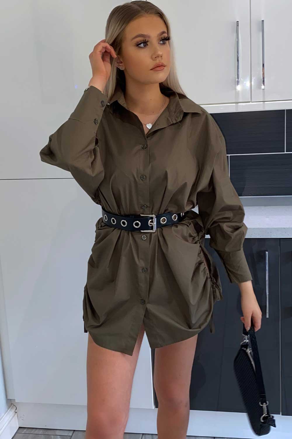 khaki ruched side shirt dress uk