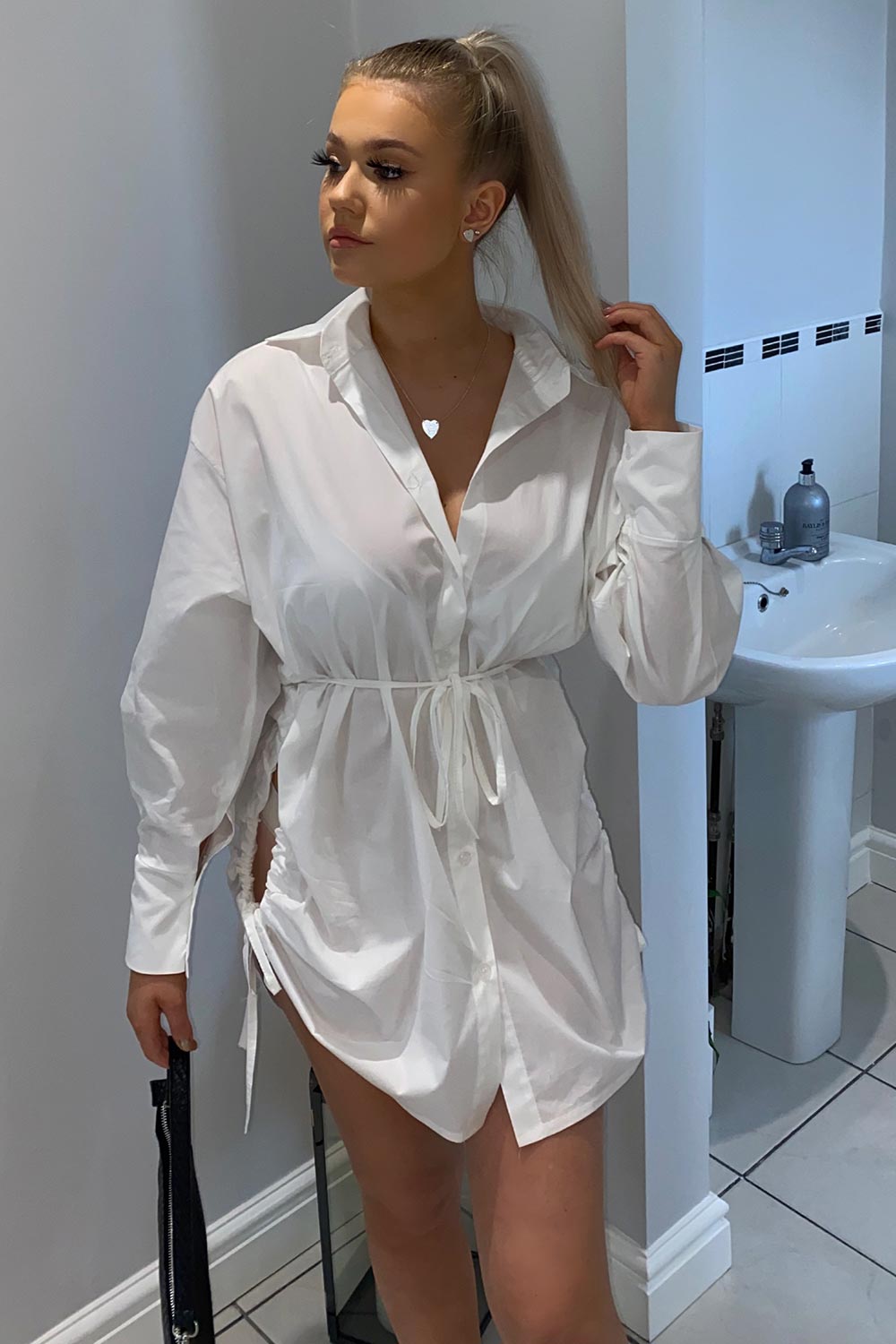 ruched side shirt dress white