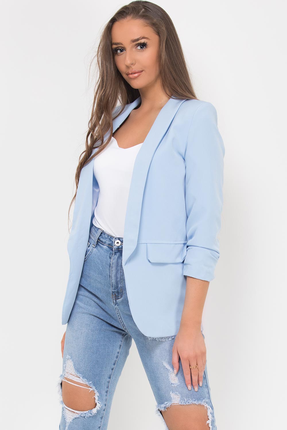 womens ruched sleeve blazer sky blue
