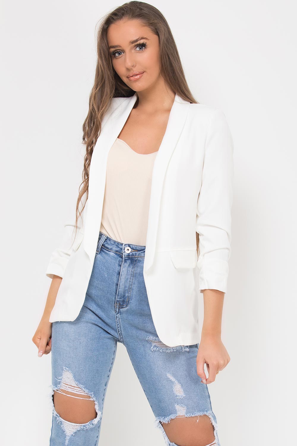 lapel ruched sleeve blazer cream