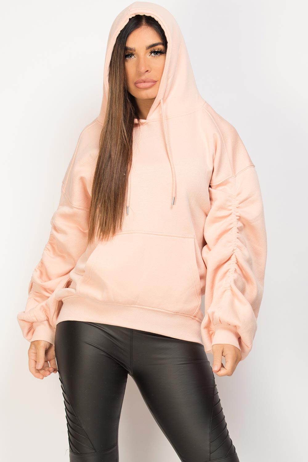 pink ruched arm hoodie oversized