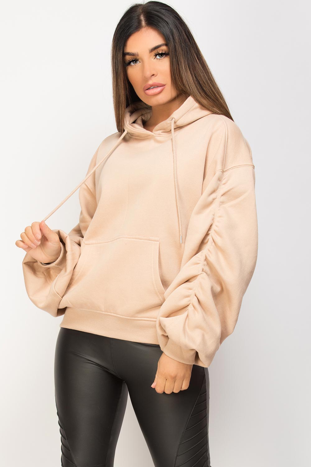 womens ruched sleeve hoodie styledup fashion