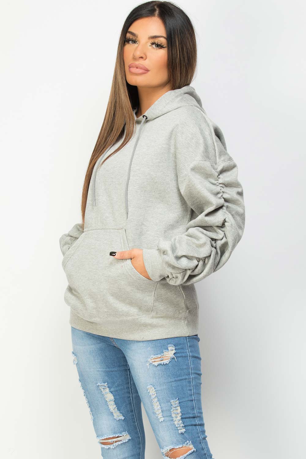 gathered sleeve oversized hoodie grey