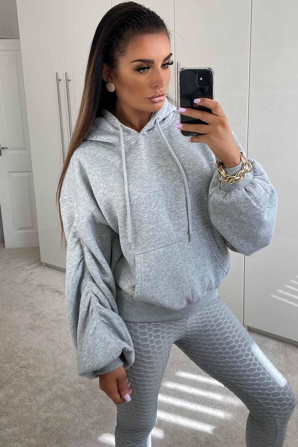 ruched sleeve hoodie grey uk