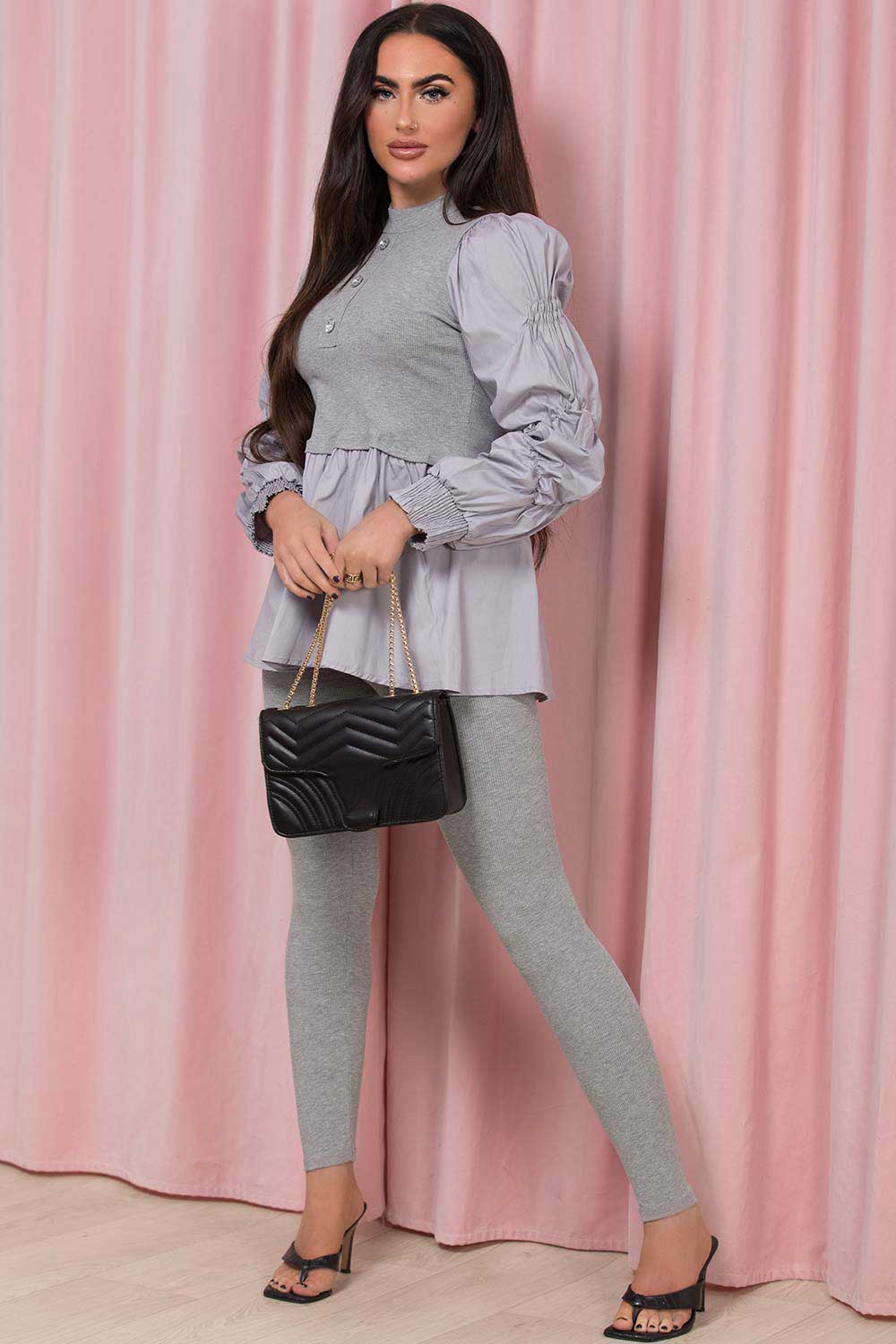 ribbed ruched sleeve peplum frill hem loungewear set