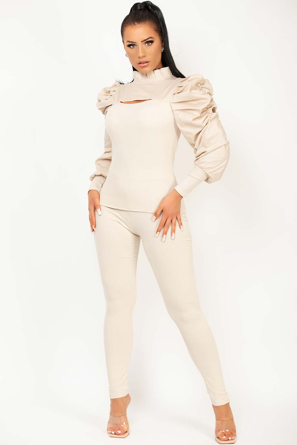 gathered puff sleeve cut out front lounge set beige