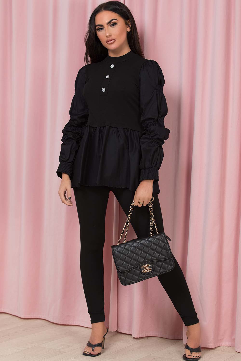 ruched sleeve peplum button front loungewear set