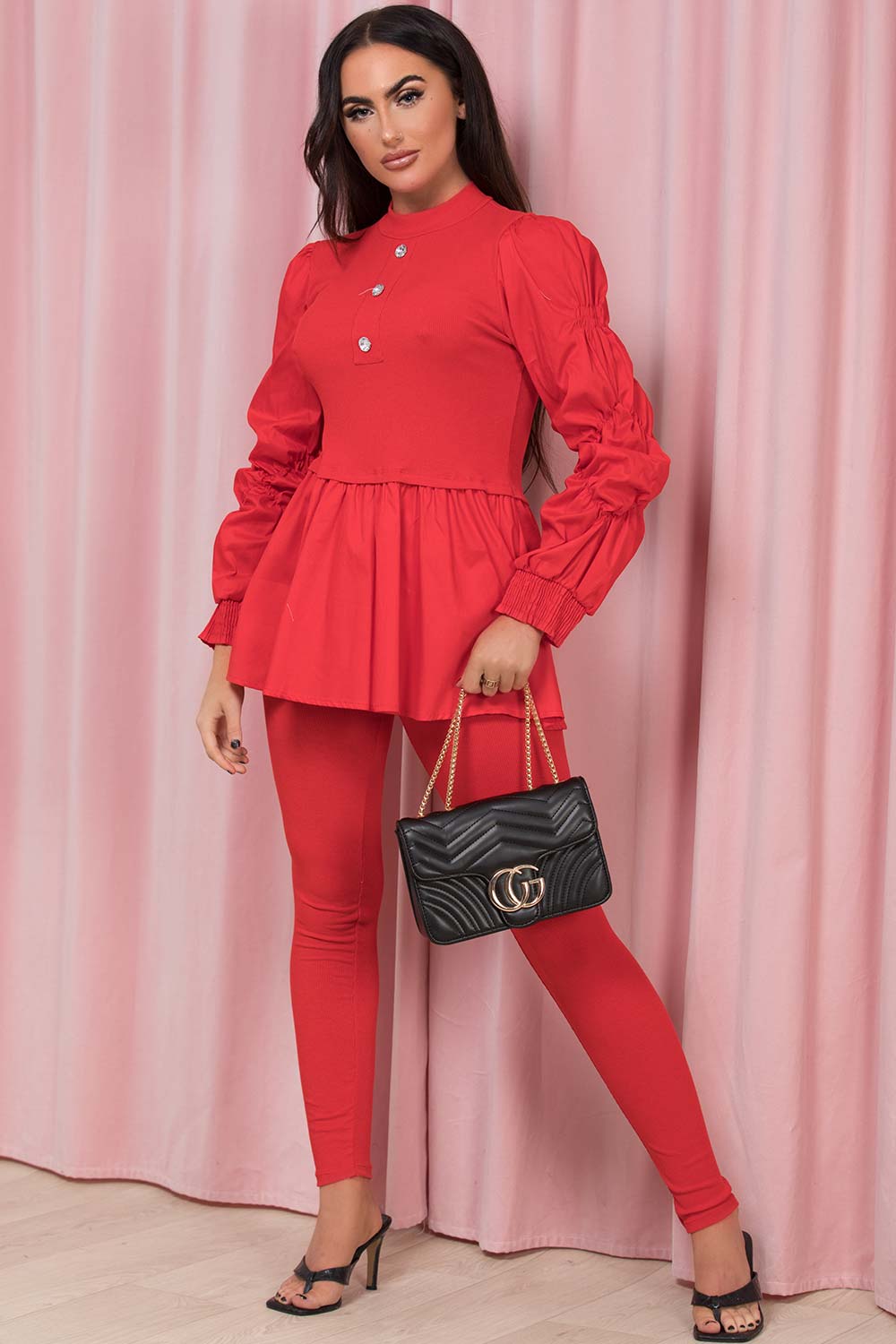 peplum frill ruched sleeve silver button two piece lounge set red