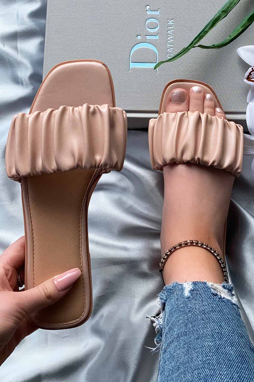 ruched strap sliders flat sandals