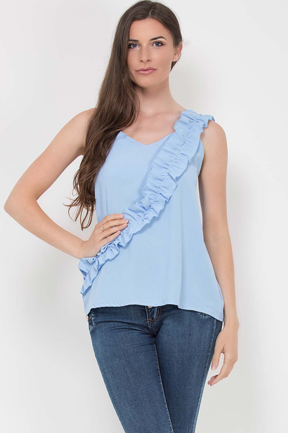 ruffle trim cami vest top sky blue