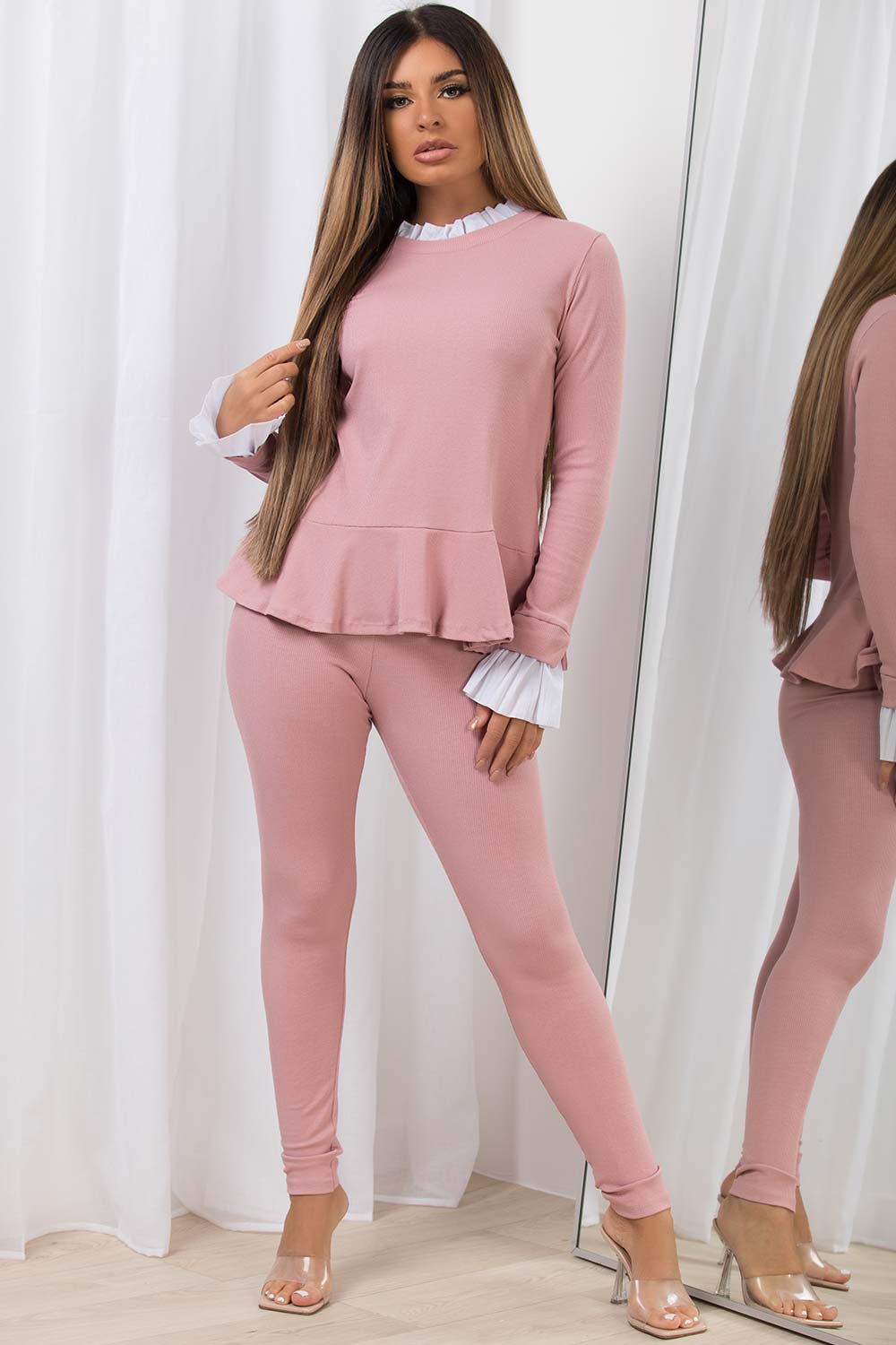 frill neck long sleeve peplum ribbed co ord set