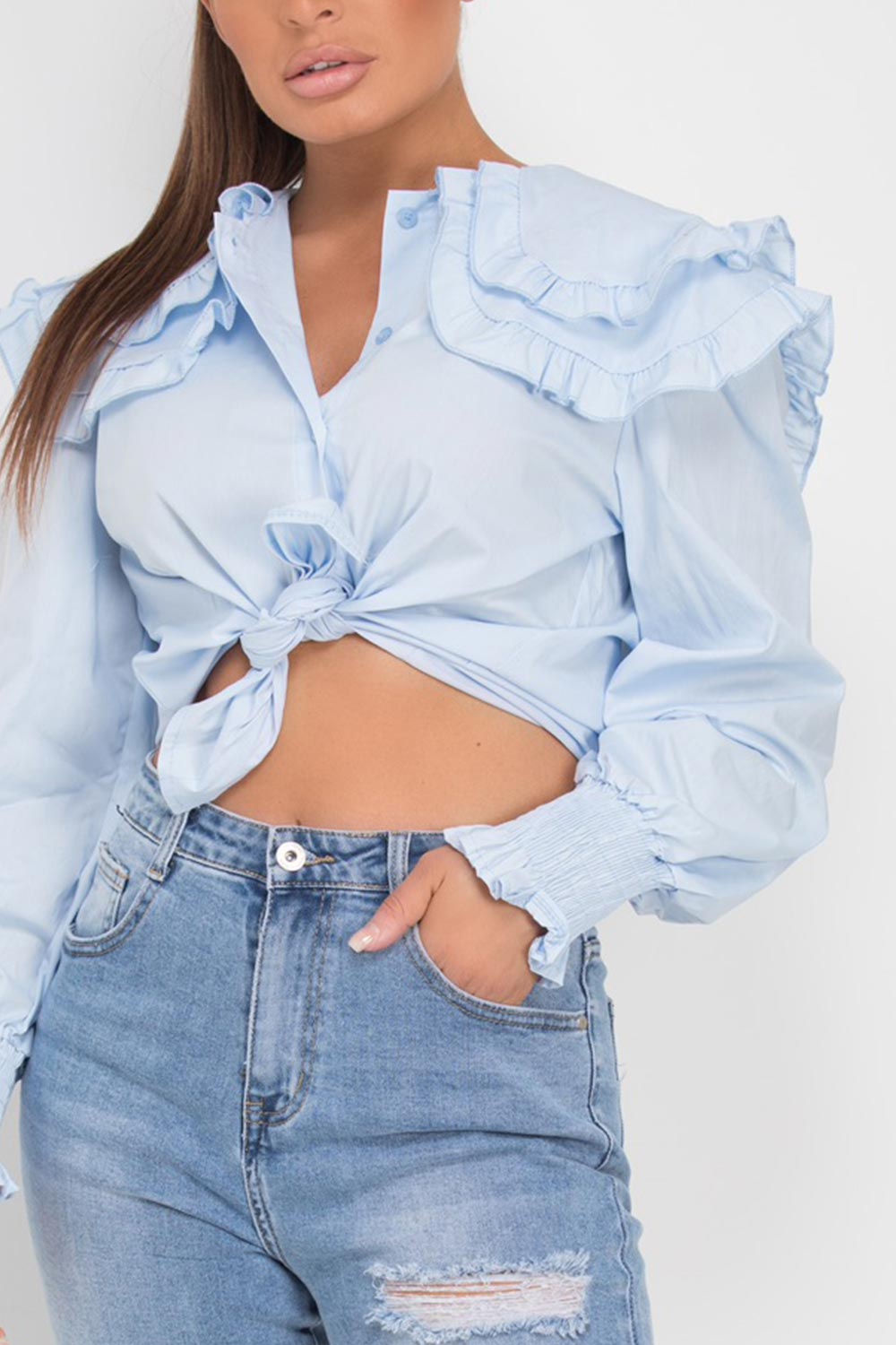 sky blue ruffle shoulder shirt womens