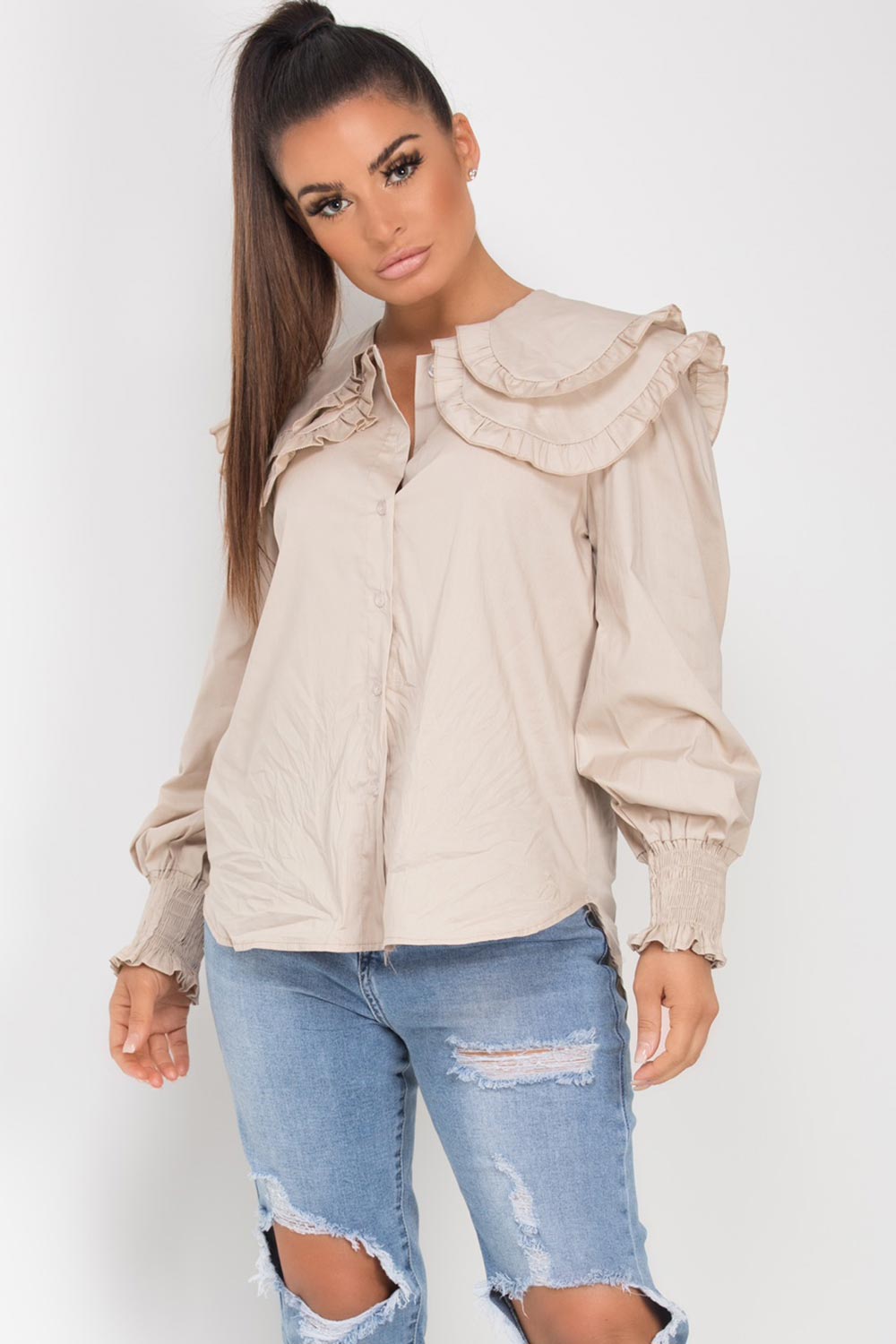womens ruffle shoulder shirt top stone