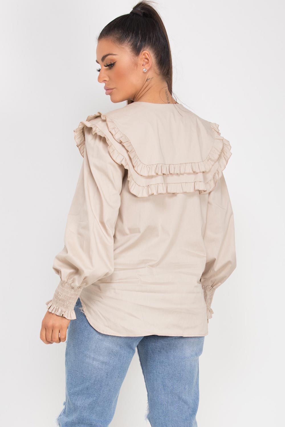 ruffle shoulder shirt stone