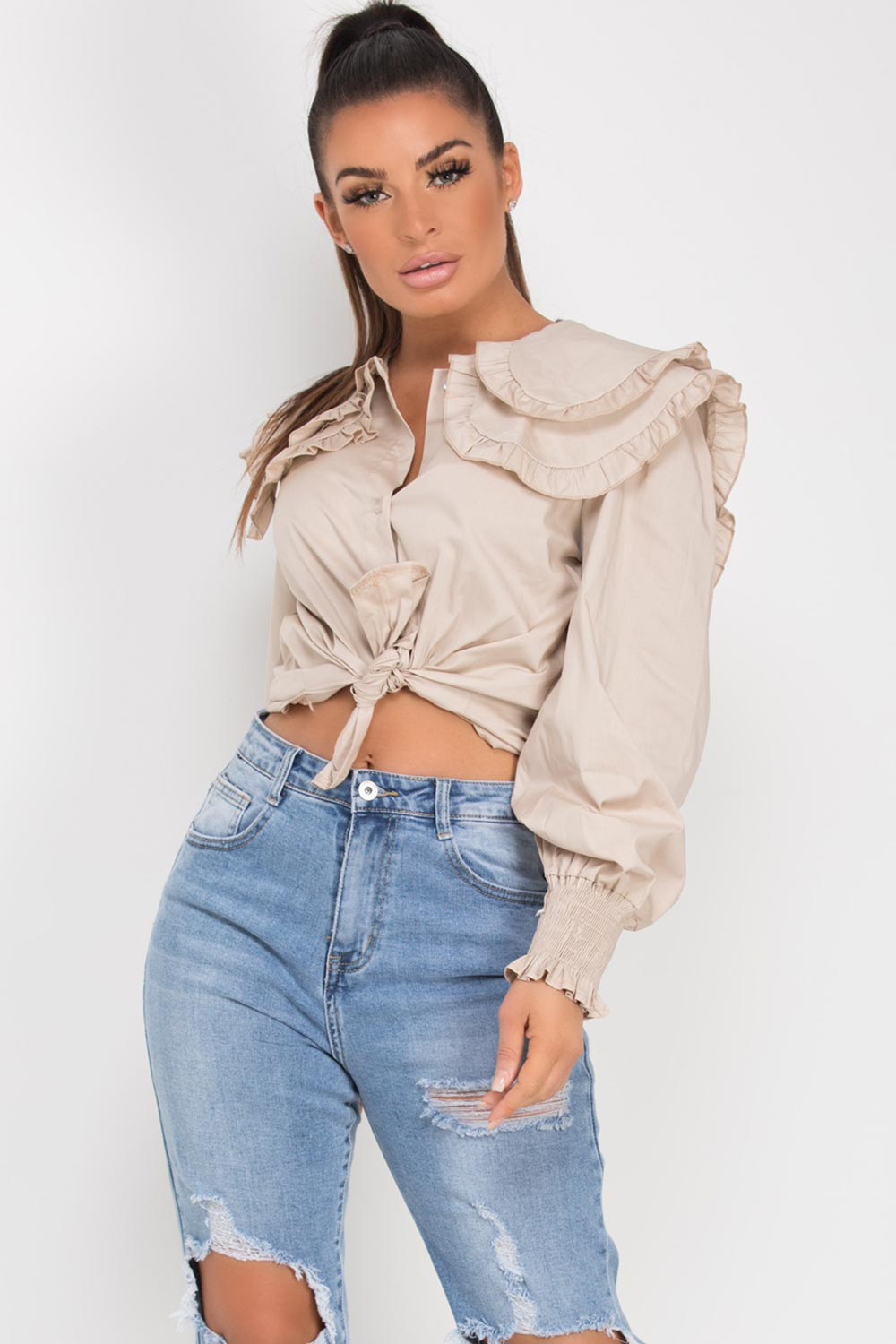 womens ruffle shoulder top stone
