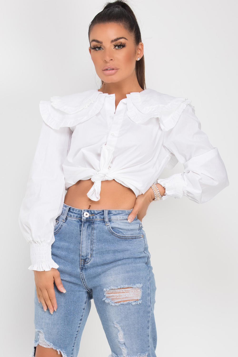 womens white ruffle shoulder top