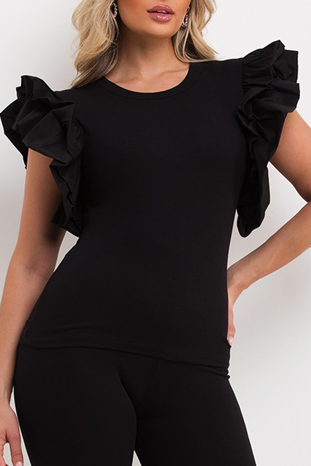 ruffle frill sleeve ribbed top and leggings co ord set