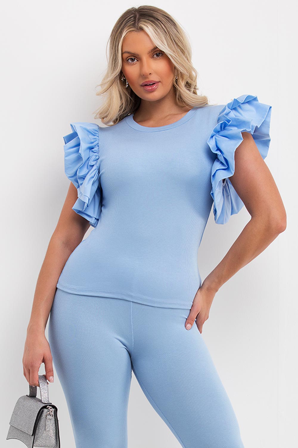 ribbed ruffle frill sleeve co ord set