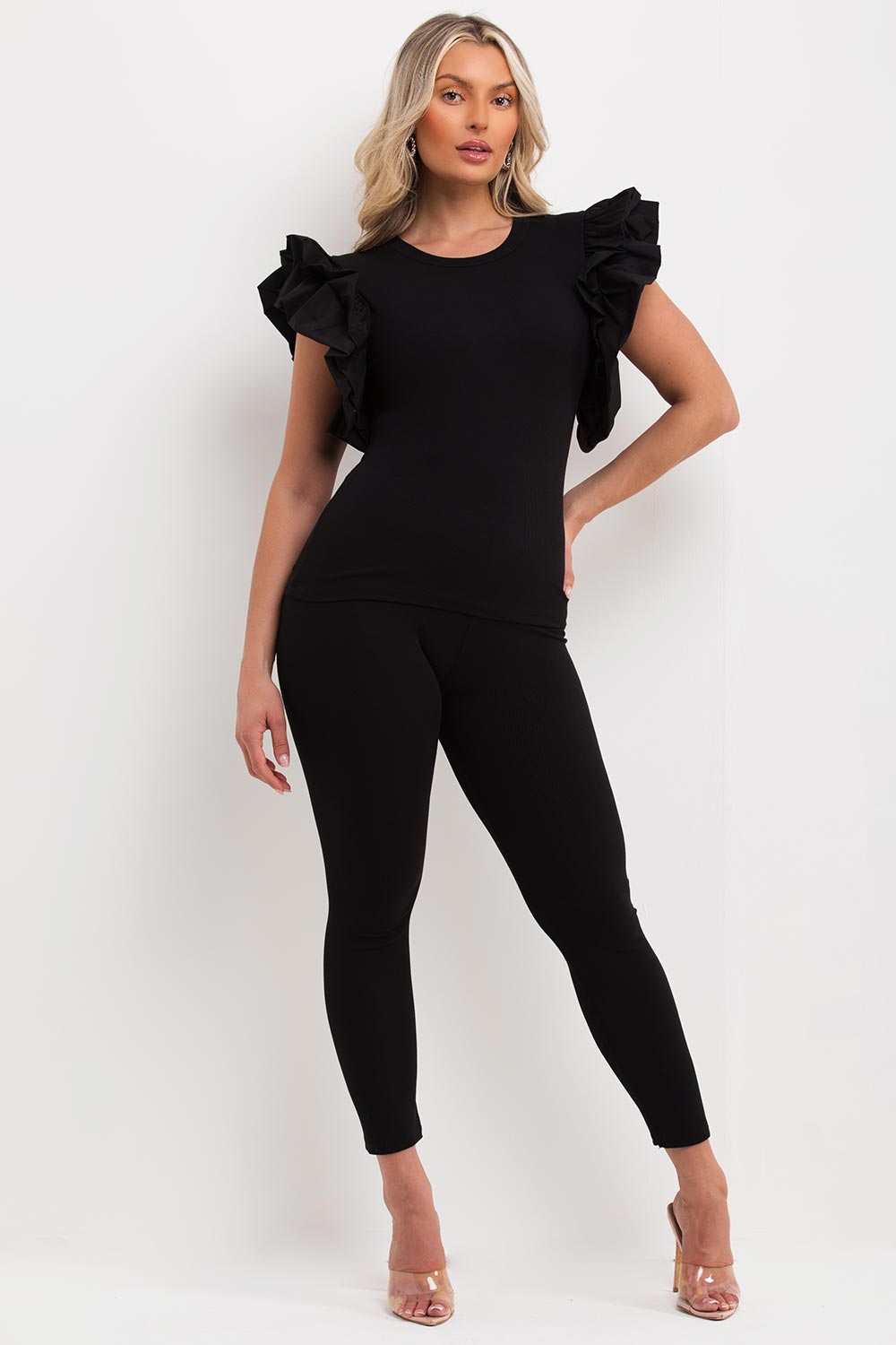 frill ruffle sleeve ribbed co ord set