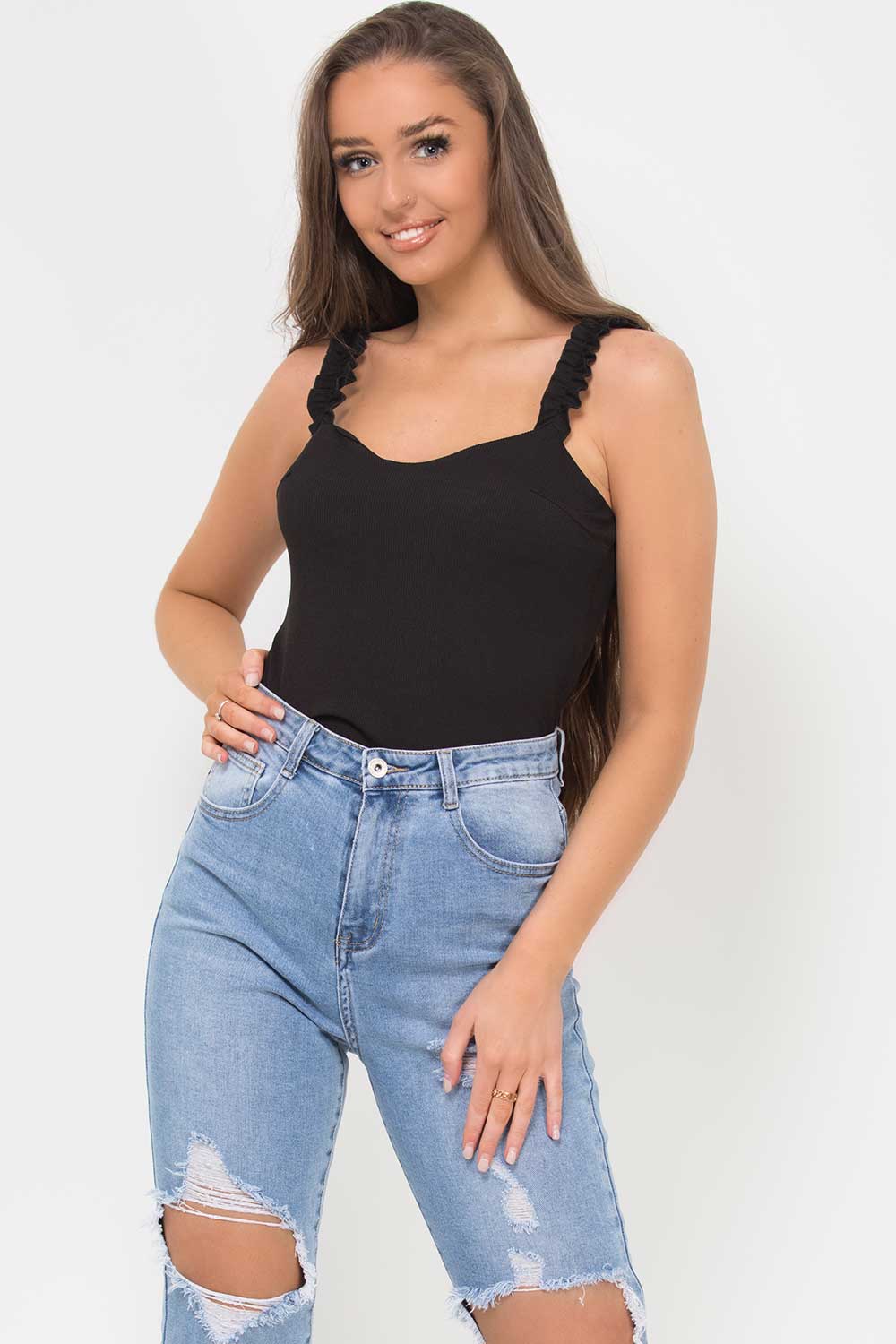 ruffle strap ribbed bodysuit