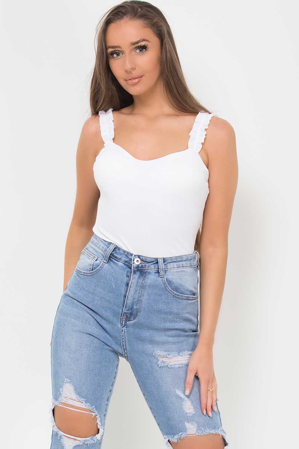 ruffle frill strap ribbed bodysuit thong cream styledup fashion