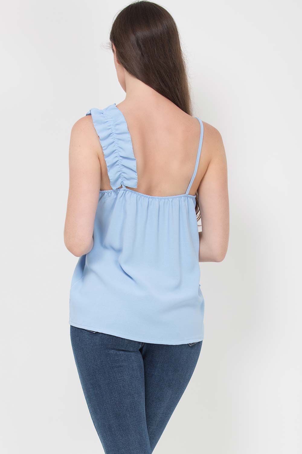 ruched ruffle trim top sky blue