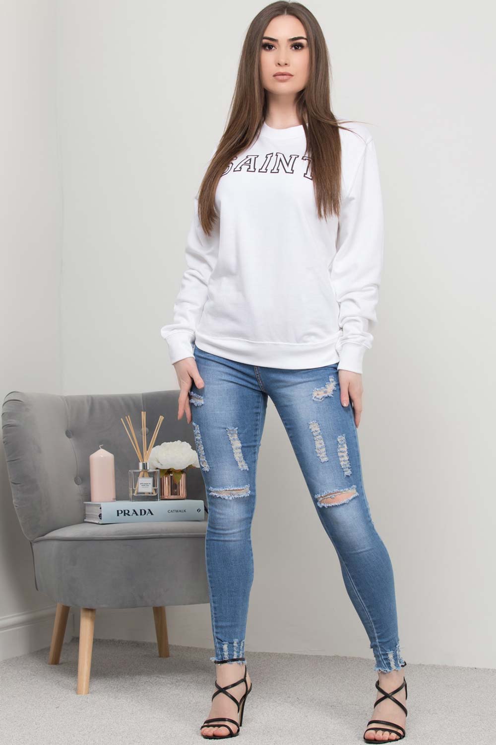 saint slogan white sweatshirt