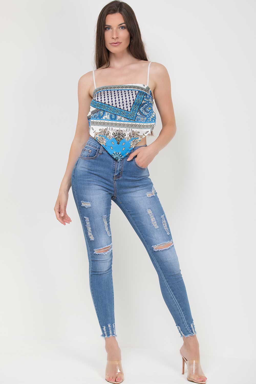 blue satin scarf bandana top