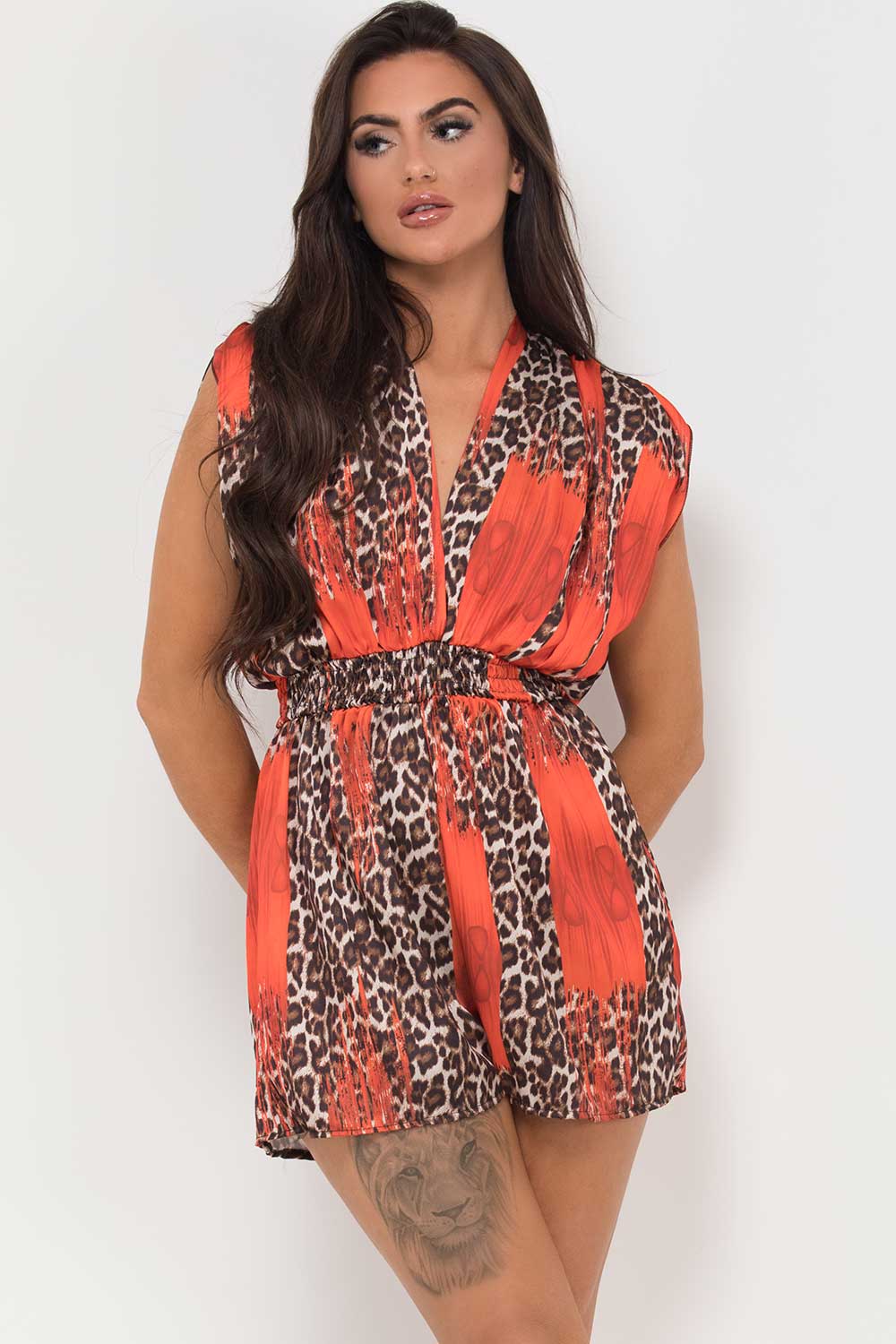 orange leopard print playsuit romper