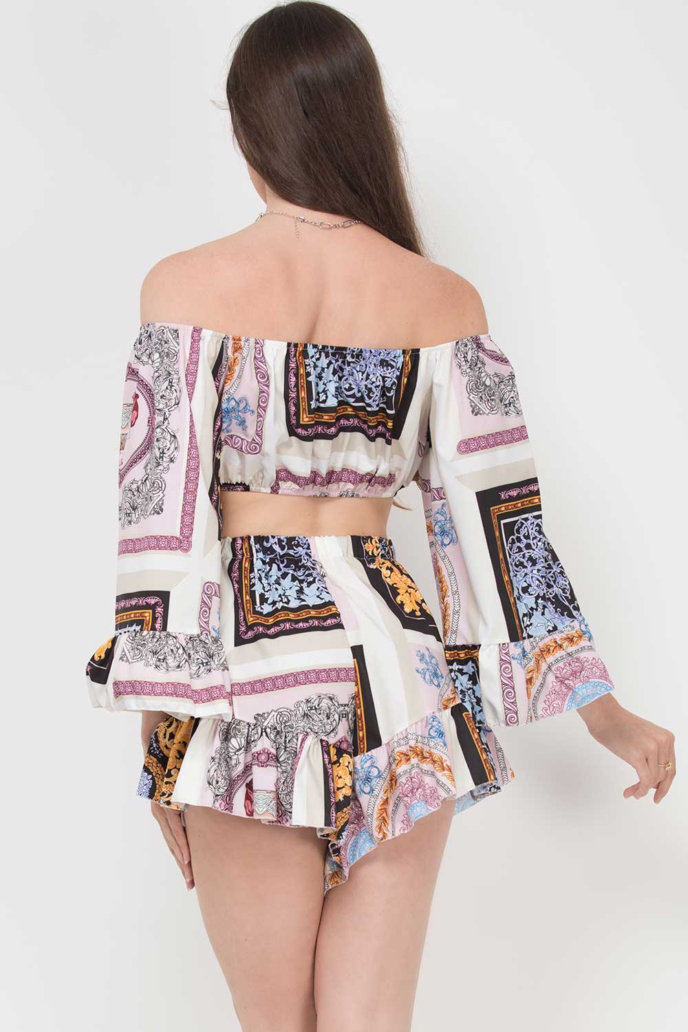 scarf print off shoulder bell sleeve crop top shorts set