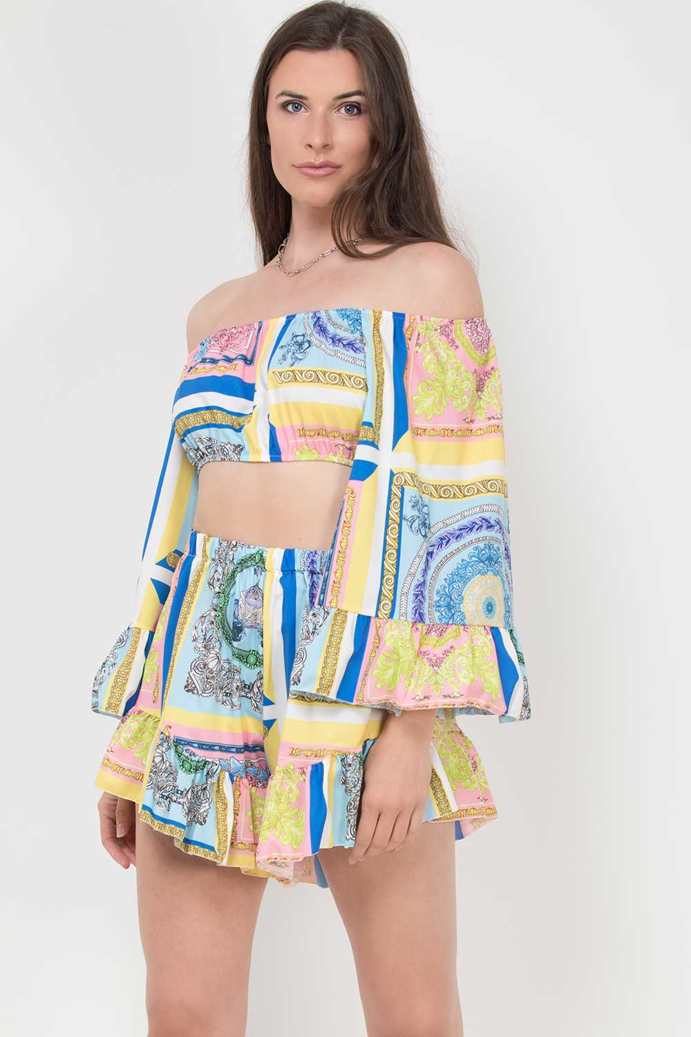 off shoulder scarf print crop top shorts set