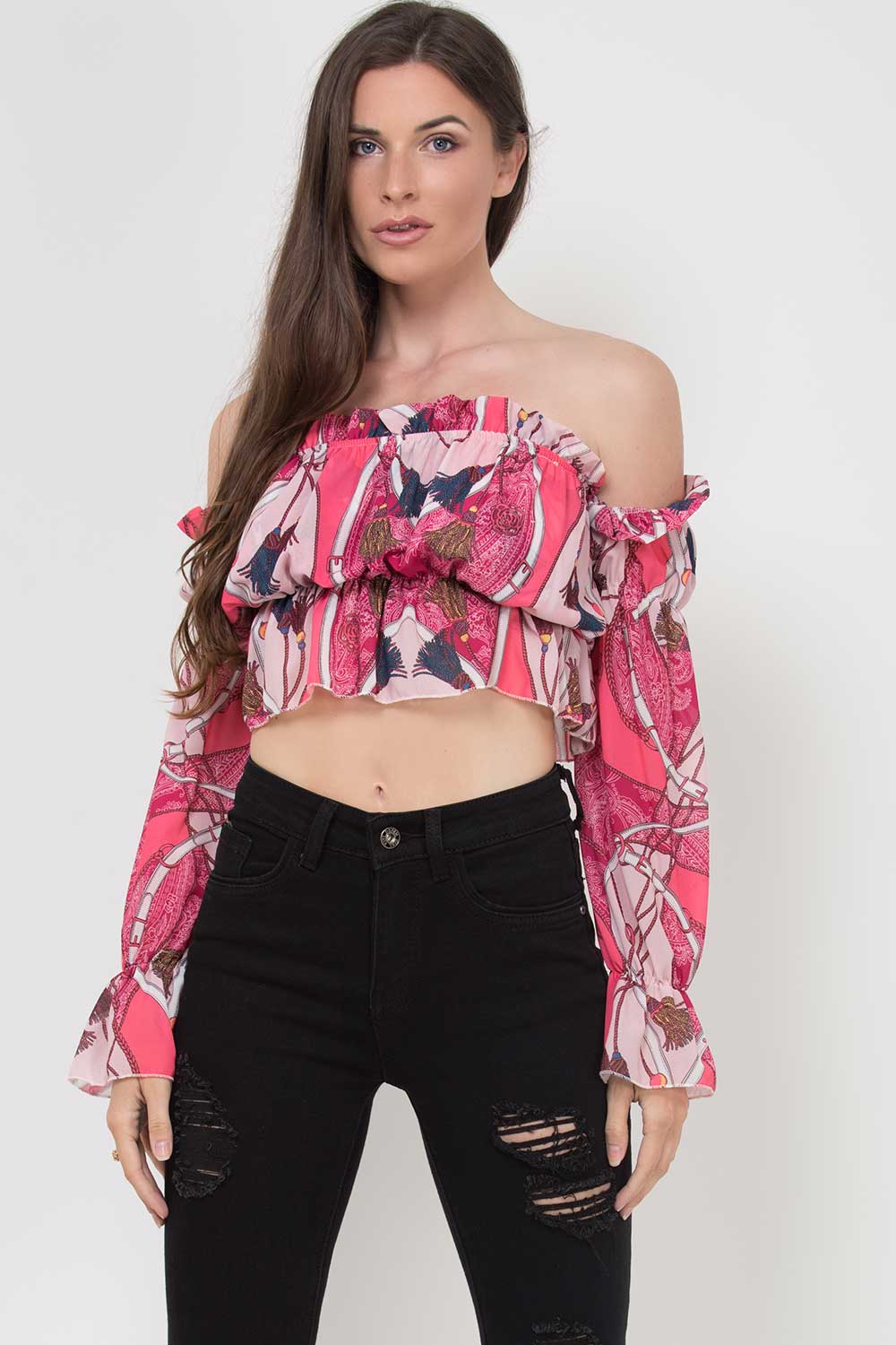 scarf print off shoulder crop top pink