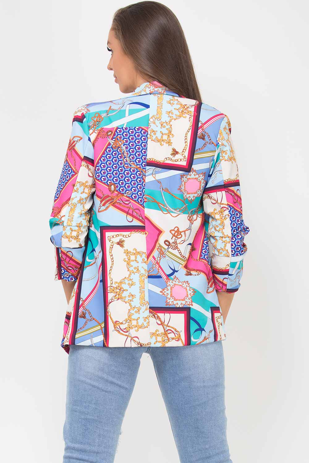 lapel longline collar scarf print blazer with ruched sleeves