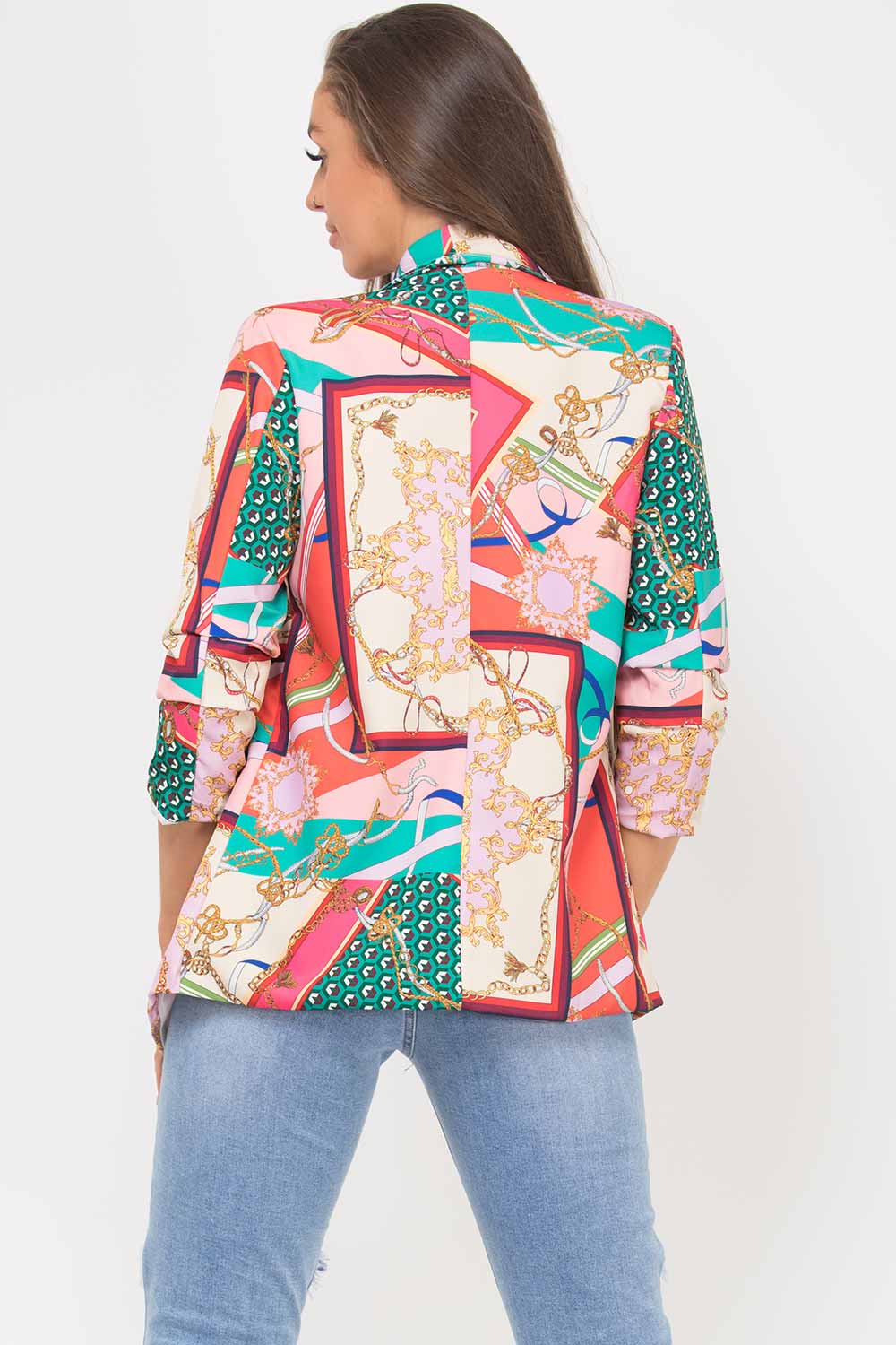 pink scarf print ruched sleeve blazer