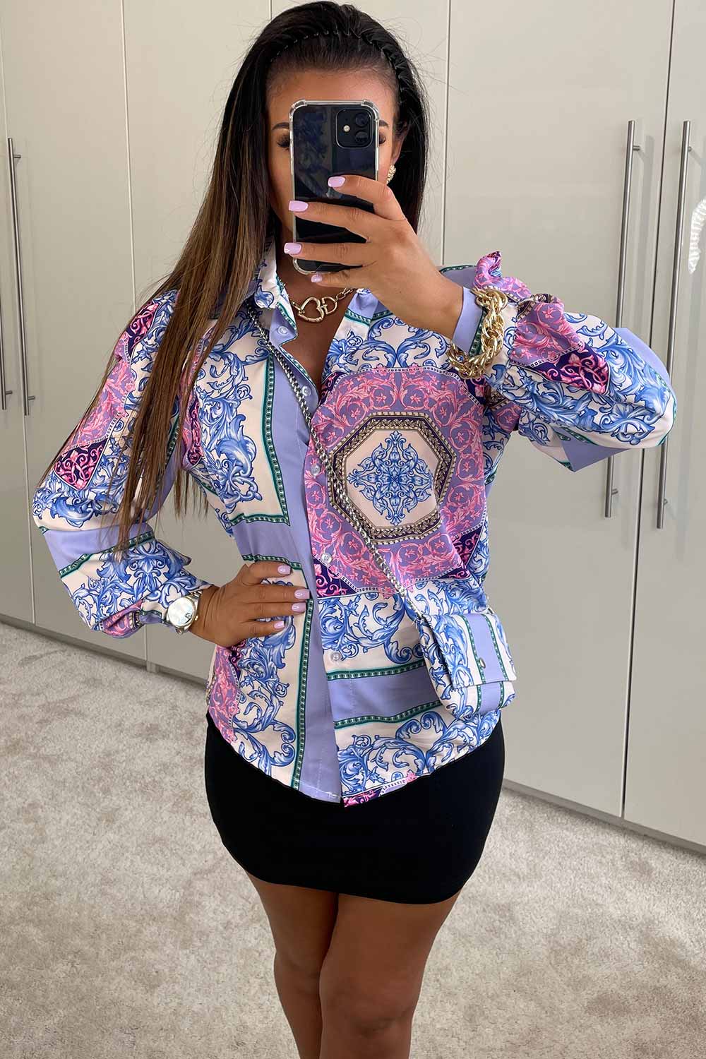 blue scarf print blouse with bag