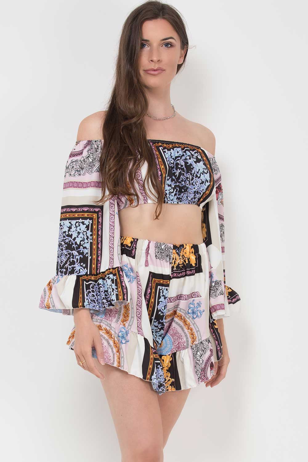 scarf print off shoulder crop top shorts set