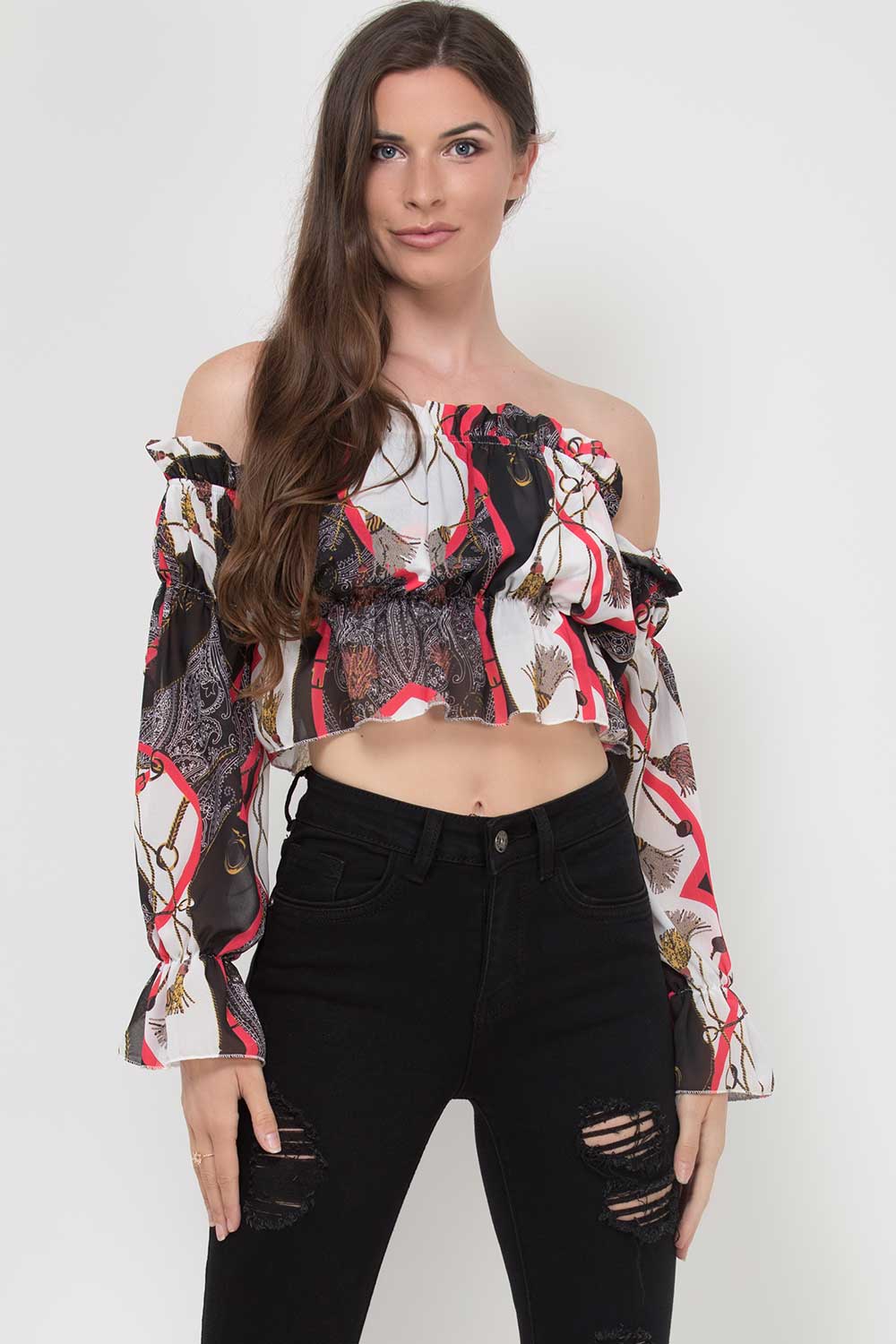 black off shoulder scarf print crop top