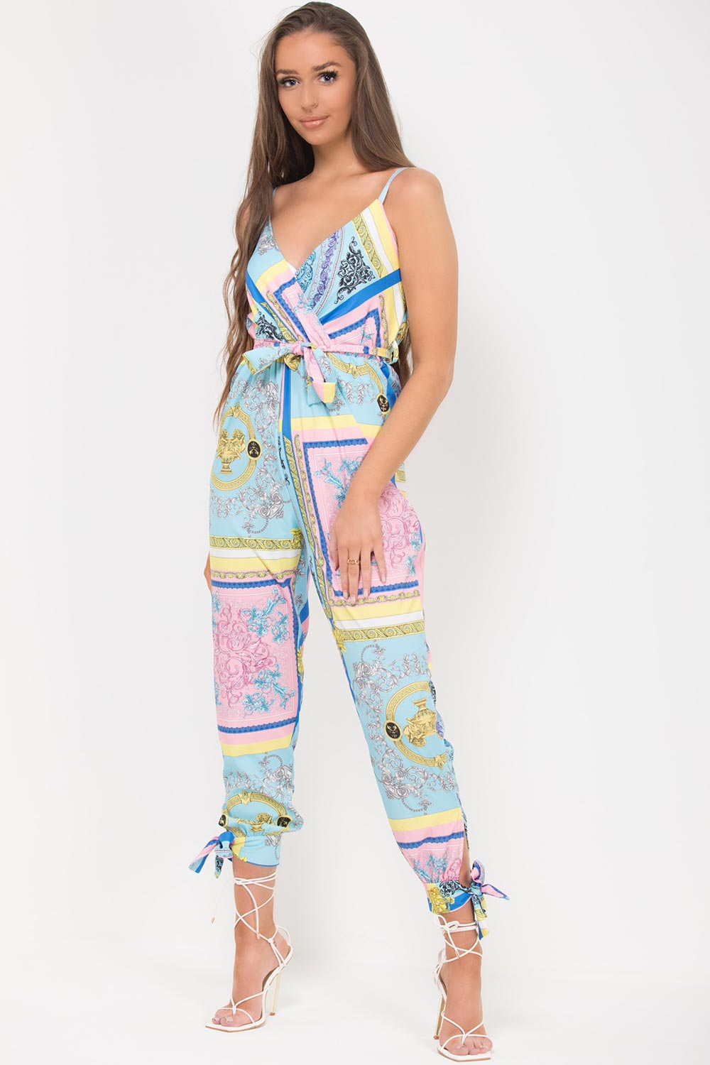 spaghetti strap scarf print jumpsuit with belt
