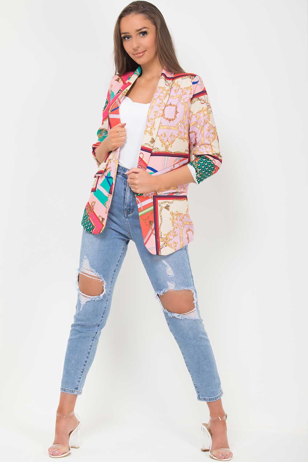 pink scarf print ruched sleeve blazer
