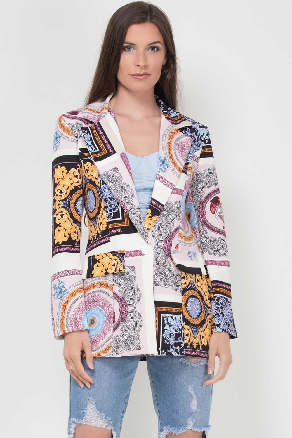 scarf print multicolour blazer womens