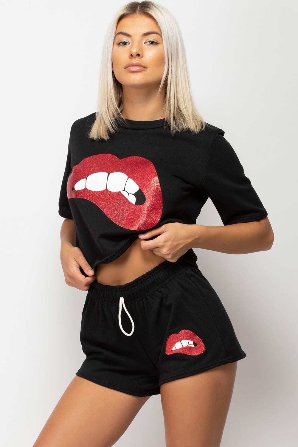 sequin lips crop top and shorts set black
